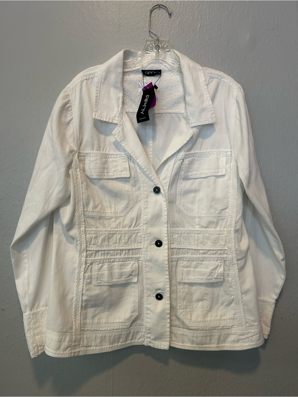 White Utility Button-Front Jacket by Rina